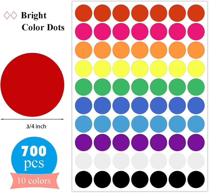 MTRSOCHO 700 PCS Dot Stickers 3/4 Inch Color Coding Labels Round Colored Dot Stickers, 10 Assorted Color Colorful Coding Label Circle Sticker for Toddler Office Student Classroom, 70 Labels/Sheet - Image 2